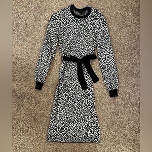 Ann Taylor Leopard Print Sweater Dress with Waist Tie, Black and White, Size XS